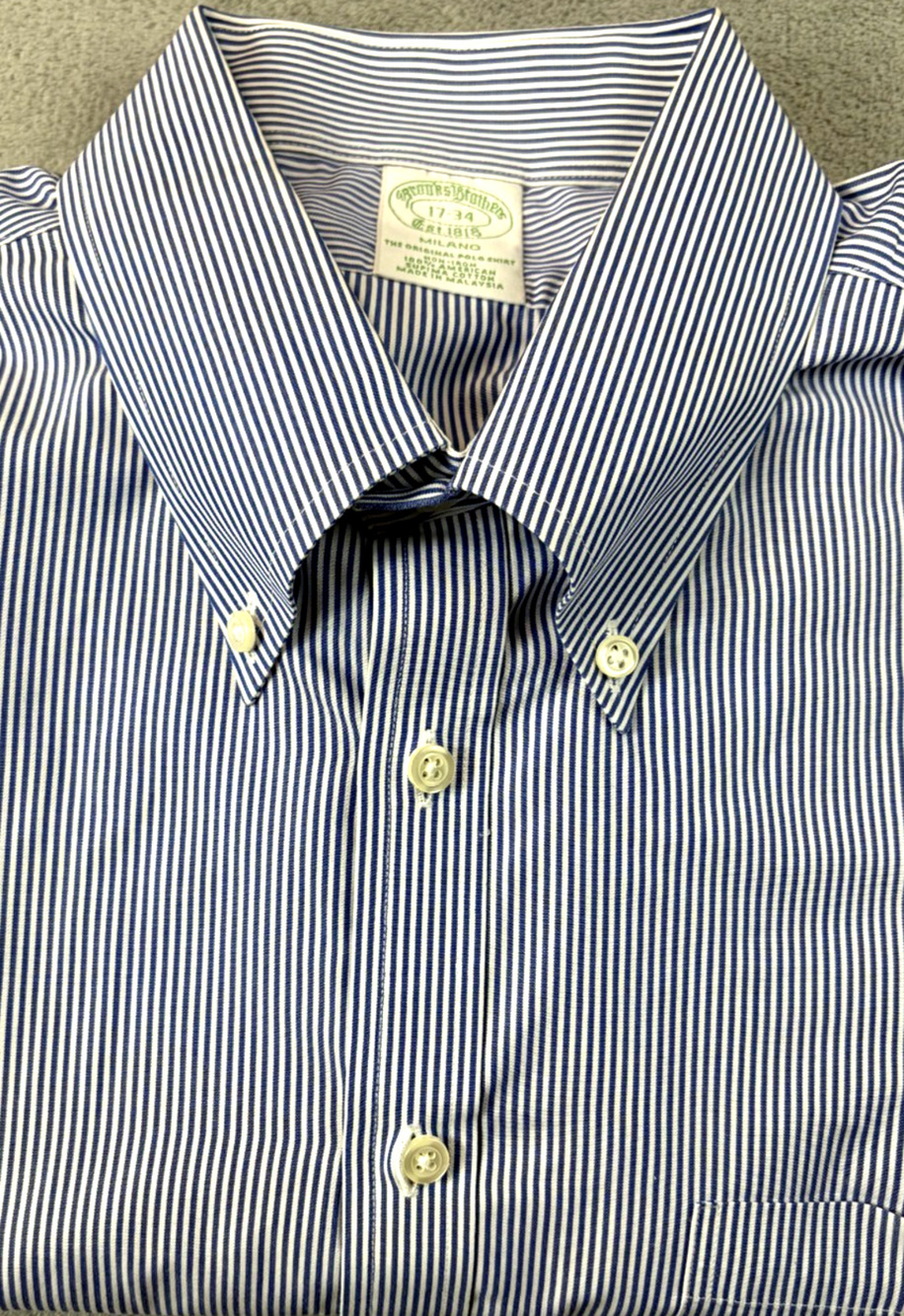 Brooks Brothers Dress Shirt Mens 17-34 Blue Milano Non-Iron Supima Striped